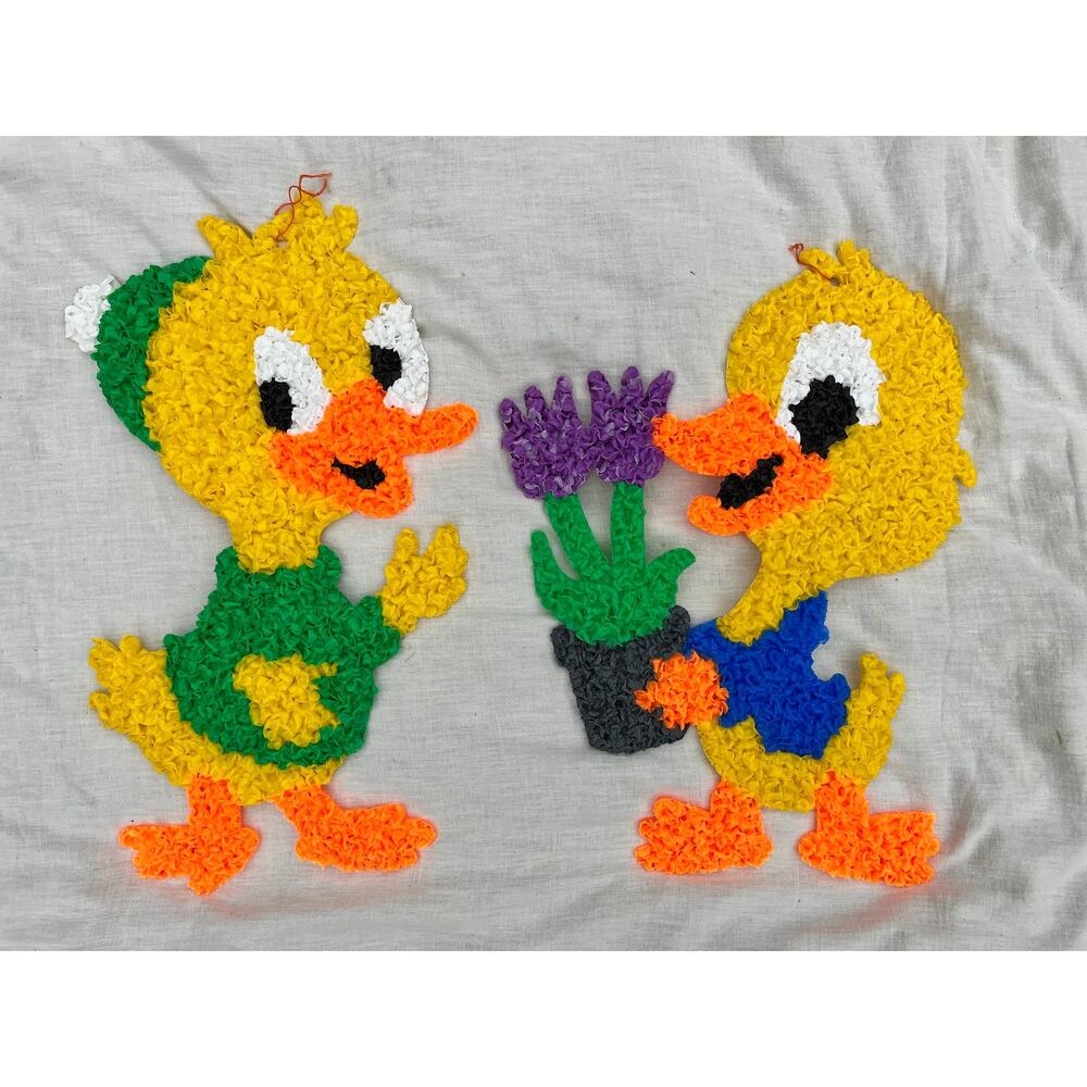 Melted Plastic Popcorn Ducks Pair Spring Wall Window Door Decor Vintage 1970s